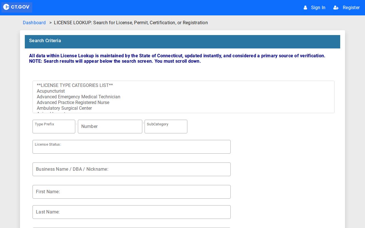 Fairfield ZIP code directory eLicense credential ZIP search